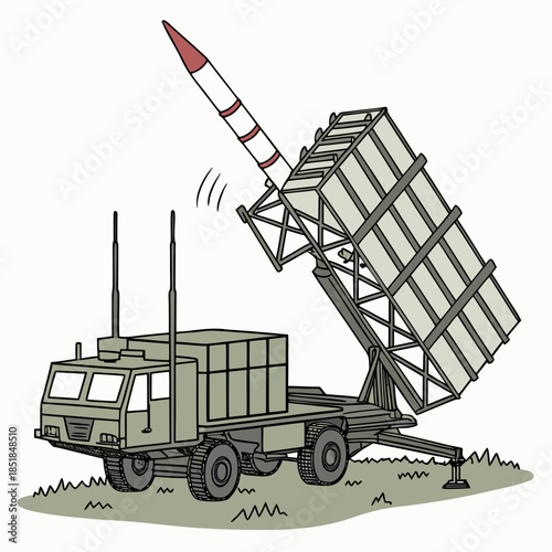 Military truck with missile launcher and radar system