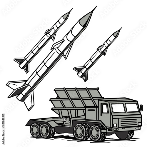 Gray truck with missiles launching into the air military