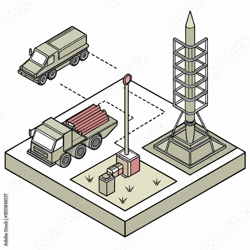 Isometric view of military missile defense system with truck launcher and radar