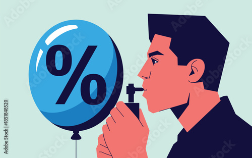 Man inflating a blue balloon with a percentage sign, symbolizing financial growth or interest rates