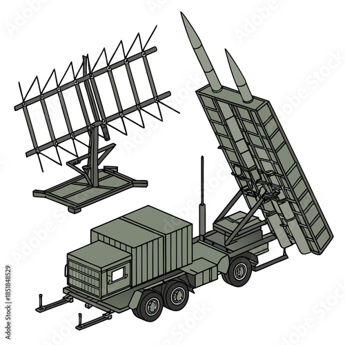 Of military truck with missile launcher and radar system