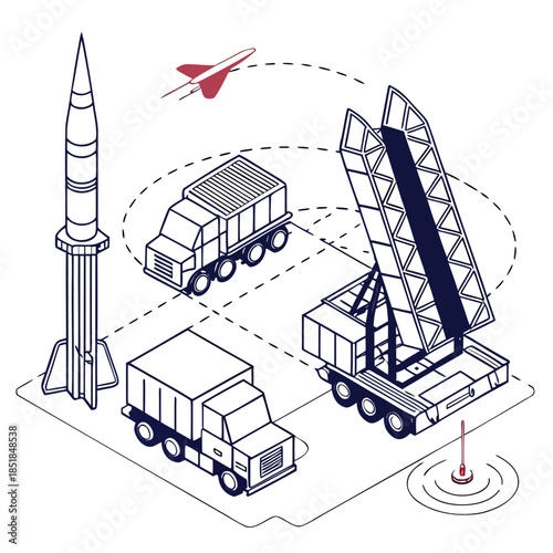 Of air defense system with missile launcher truck and radar