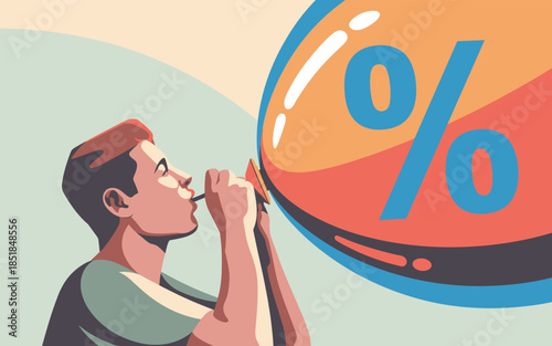 Man viewing a large percentage symbol in a magnifying glass