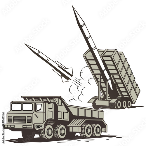 Military truck launching missiles missile launcher