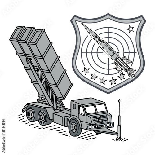 Of a mobile missile launcher and shield emblem with a missile