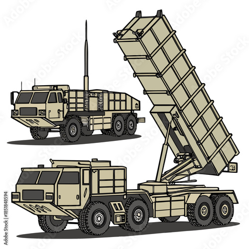 Tan military truck with missile launcher system military vehicle