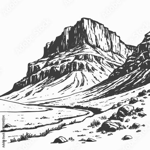 Black and white mountain with rocky terrain and sparse vegetation