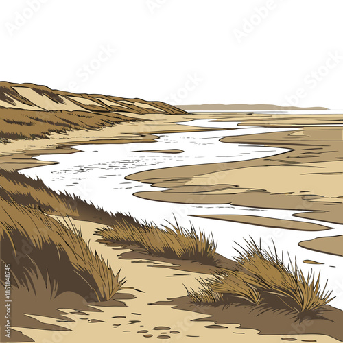 Coastal sand plain with wet texture and dune grass realistic
