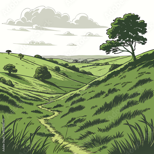 Green hillside with tree and winding path under cloudy sky