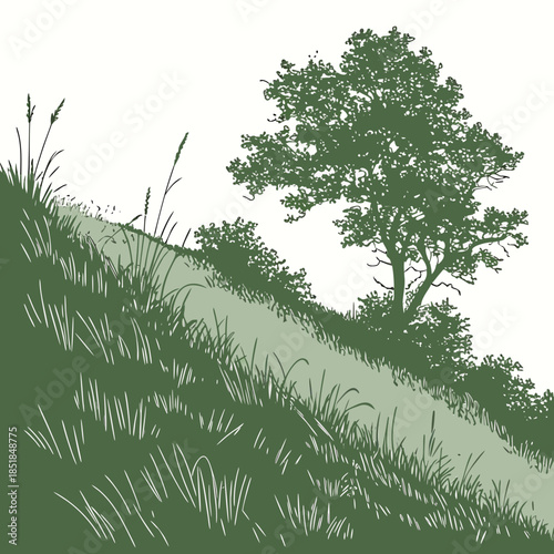 Green tree on grassy hillside with long grass textures