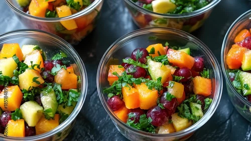 Colorful fruit salad in plastic containers on table.