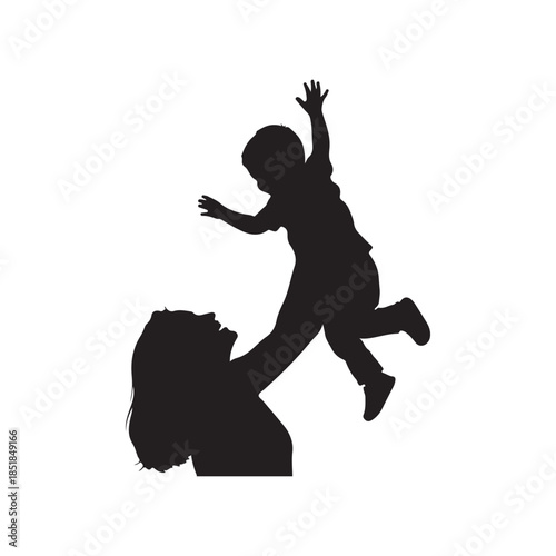 Mother lifting his son silhouette vector flat illustration on white background