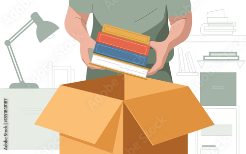 A person unpacking a box of books in a well-lit office environment with a desk and lamp nearby