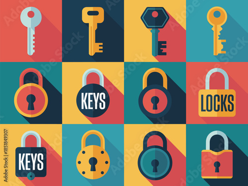 A colorful grid of keys and locks icons displayed on a multicolored background