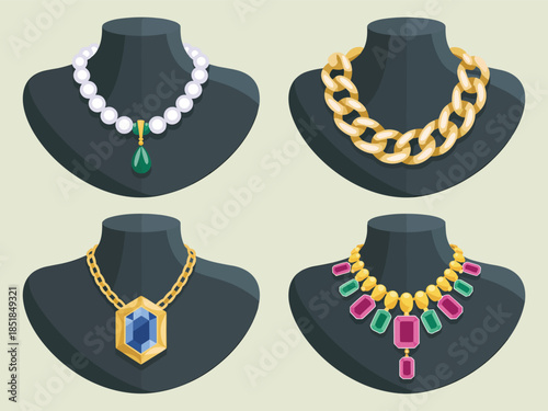 Four jewel necklaces on black display stands with various gemstones and designs