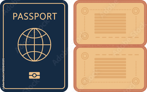 A passport and visa documents on a white background viewed from directly above