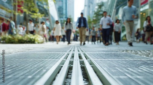 Medium shot showing sleek energyharvesting floor panels underfoot in a bustling commercial zone with selective focus on power generation details and surrounding bustle muted.