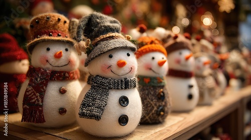 Adorable snowmen decorations in festive hats and scarves on wooden shelf