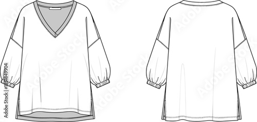 and optimization style you prefer, tailored to this women’s V-neck long sleeve blouse / tunic fashion flat, front and back view.