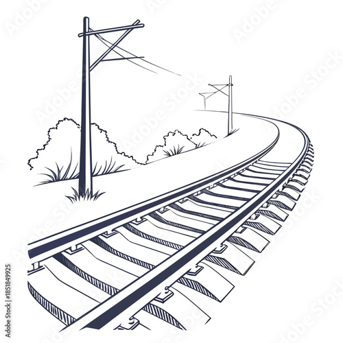 Curving railway track with telegraph poles