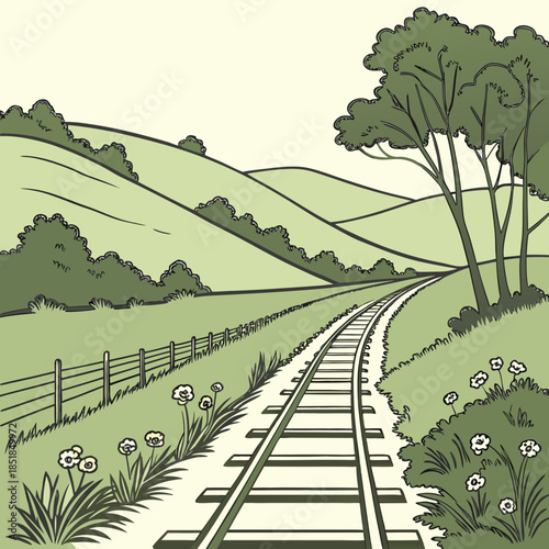 Rural train track through green hills