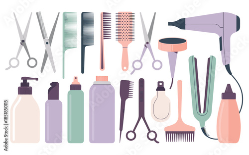 Assorted hair care tools and products arranged neatly on a white background