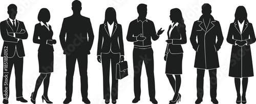 Business professionals silhouettes standing and communicating isolated on white background representing corporate teamwork leadership diversity confidence success