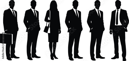 Business professionals silhouettes standing in row wearing formal suits isolated on white background representing corporate teamwork leadership success