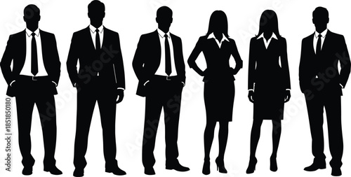 Business professionals silhouettes standing together in formal suits isolated on white background symbolizing corporate teamwork leadership diversity success