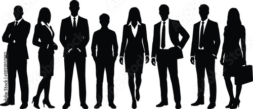 Business professionals silhouettes standing together isolated on white background representing corporate teamwork leadership diversity confidence success concept
