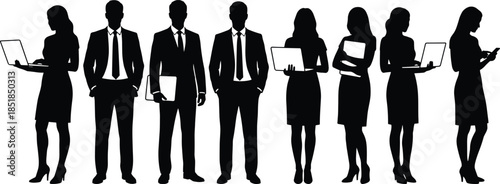 Business professionals silhouettes using laptops and documents isolated on white background representing corporate teamwork technology productivity modern workplace