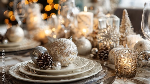 Elegant Christmas table setting with gold and white ornaments