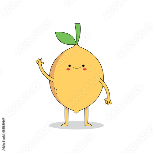 Cute lemon fruit cartoon character waving hand hi doodle