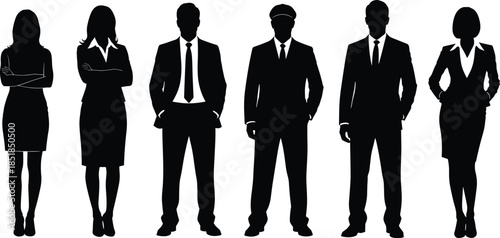 Confident business professionals silhouettes standing together in formal suits isolated on white background representing teamwork leadership corporate success