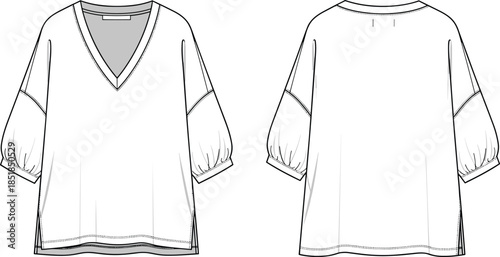 counts, and search logic you prefer, tailored to this women’s V-neck blouse with elbow-length sleeves, front and back technical fashion flat.