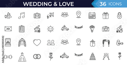 Wedding and love outline icons set. Marriage romance symbols, couple ring heart ceremony invitation celebration. Editable stroke. Vector illustration