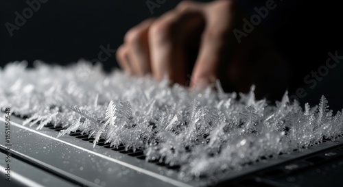 Unique Ice Crystal Formations on a Laptop Keyboard Creating a Stunning Winter Scene