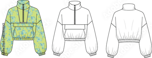 Cropped half zip jacket fashion flat sketch, front back views, technical streetwear outerwear apparel design illustration