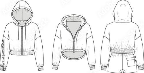 Cropped hooded jacket fashion flat sketch, front back views, technical outerwear apparel design illustration