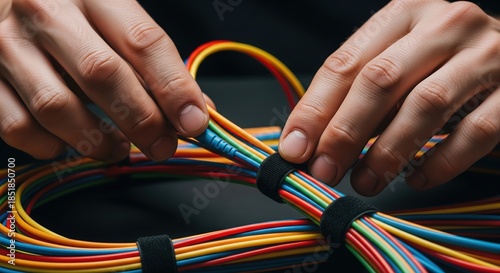 Hands Organizing Colorful Wires with Cable Ties on a Dark Background