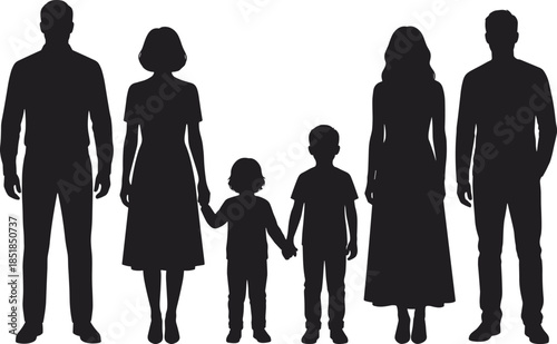 Family silhouettes standing together isolated on white background representing parents children love care unity relationships modern lifestyle concept