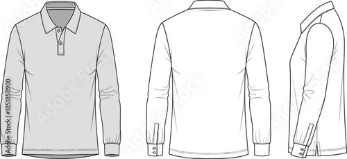 Long sleeve polo shirt fashion flat sketch, front back side views, technical apparel design illustration