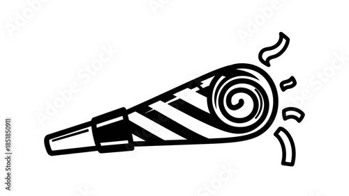 Black and white party horn with confetti icon for celebration and festive occasions.