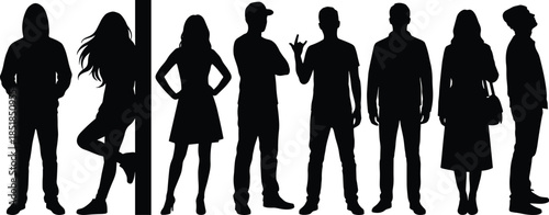 People silhouette set, casual men women standing poses, urban lifestyle figures, modern social concept illustration vector