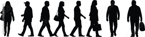 People walking silhouettes isolated on white background representing everyday lifestyle movement urban crowd diversity anonymity modern society