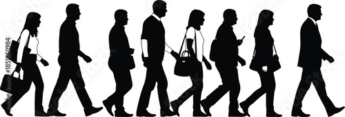 People walking silhouettes isolated on white background representing urban lifestyle crowd movement diversity anonymity modern city society concept