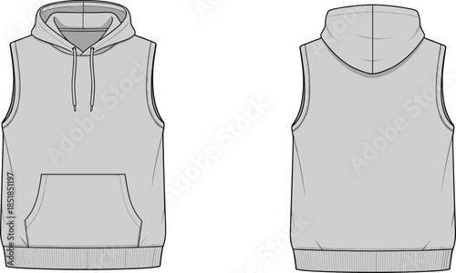 Sleeveless hoodie vest fashion flat, front back technical sketch, casual unisex apparel design illustration