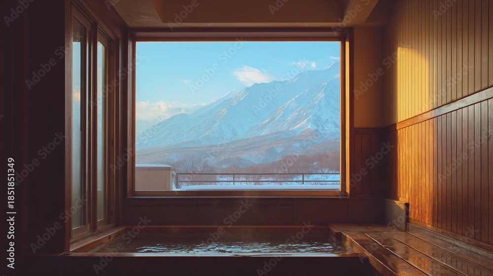 Fototapeta premium Relaxing hot spring bath mountain view interior photography serene environment calm perspective wellness concept