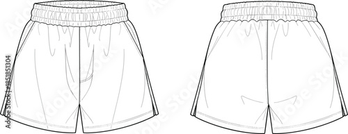 Technical fashion flat illustration of elastic waistband athletic shorts with front back views casual apparel design