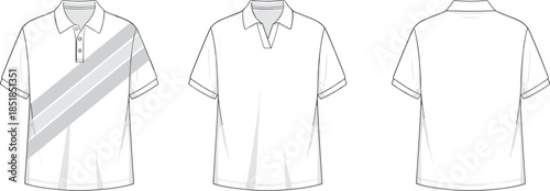 Technical fashion flat illustration of polo shirt with collar buttons short sleeves front back views apparel